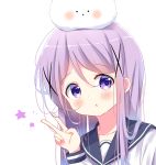  1girl angora_rabbit animal animal_on_head bangs black_sailor_collar blush bunny character_request commentary crossover deyui eyebrows_visible_through_hair gochuumon_wa_usagi_desu_ka? hair_between_eyes hair_ornament hand_up kafuu_chino koisuru_asteroid long_sleeves on_head parted_lips sailor_collar school_uniform serafuku shirt simple_background star suzuya_moe tippy_(gochiusa) v white_background white_shirt x_hair_ornament 