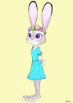  2016 anthro clothed clothing disney dress female flower fully_clothed fur hands_behind_back hi_res judy_hopps lagomorph leporid mammal plant purple_eyes rabbit simple_background solo swetpot yellow_background zootopia 