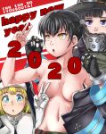  2020 3girls armpits bangs bare_shoulders belt black_coat black_gloves black_hair black_robe blonde_hair blue_eyes breasts coat collar collarbone commentary_request convenient_censoring elbow_gloves en&#039;en_no_shouboutai firefighter gesture gloves grey_pants groin habit happy_new_year hat hip_vent iris_(en&#039;en_no_shoubotai) long_hair long_sleeves looking_at_viewer looking_to_the_side maki_oze medium_breasts multiple_girls namakochan navel new_year no_bra nun open_clothes open_coat open_mouth pants partially_undressed purple_eyes red_background short_hair sidelocks single_glove tamaki_kotatsu two-tone_background two_side_up upper_body v white_background white_gloves witch_hat yellow_eyes 