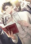  1boy bangs bible black_hair book buttons cassock closed_mouth collar cross cross_necklace feathers haikyuu!! hand_on_own_chest hemoon holding holding_book holding_necklace indoors jewelry kuroo_tetsurou light long_sleeves looking_to_the_side male_focus necklace open_book pendant priest sash short_hair smile solo spiked_hair standing statue turtleneck white_sash wings yellow_eyes 