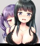  &gt;:) 2girls bang_dream! bangs black_bra black_hair blush bra breast_grab breasts cleavage collarbone commentary_request grabbing grabbing_from_behind grey_background groping highres lace lace-trimmed_bra large_breasts multiple_girls nose_blush open_mouth purple_eyes purple_hair red_eyes shirokane_rinko sidelocks tukiyofree twintails udagawa_ako underwear upper_body wavy_mouth yuri 
