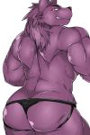  back_muscles bathym butt canid canine canis clothing demon fur grin hair horn inuyama_kensin jockstrap looking_back male mammal mane mane_hair muscular muscular_male purple_body purple_fur smile tokyo_afterschool_summoners underwear video_games wolf 