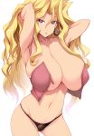  1girl :o arms_behind_head black_panties blonde_hair breasts cameltoe earrings hands_in_hair highres hoop_earrings huge_breasts jewelry kujaku_mai long_hair looking_at_viewer panties purple_eyes simple_background solo tsukasawa_takamatsu underwear yuu-gi-ou 