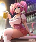  5_fingers alcohol animal_humanoid bar beer beverage big_breasts blouse blue_eyes bottomwear bovid bovid_humanoid bovine bovine_humanoid breasts cleavage clothed clothing crossed_legs deviant_hearts digital_media_(artwork) doctorzexxck female fingers fully_clothed hair hi_res holding_beverage holding_object horn humanoid legwear lola_(drzexxck) looking_at_viewer mammal mammal_humanoid on_bar_counter open_mouth open_smile pale_skin pigtails pink_hair signature sitting skirt smile solo stockings thigh_highs 