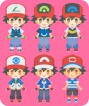  6+boys baseball_cap black_hair black_pants blue_pants brown_eyes commentary_request denim full_body grey_eyes hat jeans multiple_boys multiple_persona pants pokemon pokemon_(anime) pokemon_(classic_anime) pokemon_bw_(anime) pokemon_dppt_(anime) pokemon_rse_(anime) pokemon_sm_(anime) pokemon_xy_(anime) purple_background rizu_(rizunm) satoshi_(pokemon) simple_background standing wristband 