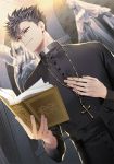 1boy bangs bible black_hair black_sash book buttons cassock closed_mouth collar cross cross_necklace haikyuu!! hand_on_own_chest hemoon holding holding_book holding_necklace indoors jewelry kuroo_tetsurou long_sleeves looking_to_the_side male_focus necklace open_book pendant priest sash short_hair smile solo spiked_hair standing statue turtleneck wings yellow_eyes 