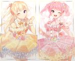  2girls ;) ;d bang_dream! bangs blonde_hair center_frills clenched_hand clenched_hands detached_collar dress floral_background flower frilled_dress frills hair_ribbon half-closed_eyes hand_up hands_up highres long_hair looking_at_viewer maruyama_aya multiple_girls neck_ribbon one_eye_closed open_mouth pink_dress pink_eyes pink_flower pink_hair pink_neckwear pom_pom_earrings purple_eyes red_flower red_ribbon ribbon ribbon-trimmed_dress shirasagi_chisato sidelocks smile striped striped_ribbon twintails white_flower wrist_cuffs yellow_dress yellow_flower yellow_neckwear yuhi_(hssh_6) 