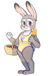  2018 anthro barefoot basket clothed clothing dipstick_ears disney female food fully_clothed fur grey_body grey_fur hi_res holding_food holding_object judy_hopps lagomorph leporid looking_at_viewer mammal multicolored_ears one-piece_swimsuit pink_nose popsicle purple_eyes rabbit simple_background smile solo standing swimwear vhs273 white_background zootopia 