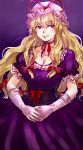  1girl bangs blonde_hair bow breasts choker cleavage closed_mouth corset dress elbow_gloves eyelashes gloves gown hair_between_eyes hair_bow hair_ribbon hat hat_ribbon highres kuya_(hey36253625) lips long_hair looking_to_the_side mob_cap puffy_short_sleeves puffy_sleeves purple_background purple_dress purple_eyes red_bow red_ribbon ribbon ribbon_choker short_sleeves solo touhou tress_ribbon very_long_hair wavy_hair white_gloves white_headwear yakumo_yukari 