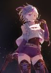  1girl arm_up bangs belt boots collar commentary_request contender_(girls_frontline) dark_background detached_sleeves dying_(dying0414) exposed_pocket girls_frontline gloves grey_hair gun handgun holding holding_gun holding_weapon looking_at_viewer multicolored_hair partial_commentary pistol pocket purple_eyes purple_hair purple_shorts see-through shirt shoelaces short_hair short_shorts shorts simple_background solo standing streaked_hair thigh_boots thighhighs upper_body weapon 
