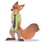  2018 anthro barefoot black_nose bottomwear canid canine claws clothed clothing disney fox fully_clothed fur green_eyes half-closed_eyes hands_in_pockets hi_res mammal narrowed_eyes necktie nick_wilde open_mouth open_smile orange_body orange_fur pants pockets red_fox shirt simple_background smile solo standing teeth toe_claws topwear vhs273 white_background zootopia 