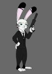  2016 anthro bad_trigger_discipline blue_eyes clothed clothing disney ear_markings facial_markings fully_clothed fur grey_background grey_body grey_fur hand_on_hip head_markings holding_gun holding_object holding_weapon jack_savage lagomorph leporid mammal markings necktie rabbit simple_background solo standing suit swetpot weapon zootopia 