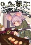 2020 2girls alternate_costume animal_ears animal_print bangs black_ribbon blonde_hair blue_sash brown_eyes closed_eyes commentary_request cowboy_shot dress food food_request gengoroumaru_(ambidextrous) green_kimono grey_hair hair_between_eyes happy_new_year highres holding holding_spear holding_weapon japanese_clothes jewelry kimono long_sleeves mouse_ears multicolored_hair multiple_girls nazrin new_year obi parted_lips pendant polearm red_dress ribbon sash short_hair smile spear streaked_hair tiger_print toramaru_shou touhou weapon wide_sleeves yellow_sash 