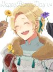  1girl 3boys armor blonde_hair character_name closed_eyes dimitri_alexandre_blaiddyd fdawnmc felix_hugo_fraldarius fire_emblem fire_emblem:_three_houses flower gloves happy_birthday holding holding_flower ingrid_brandl_galatea multiple_boys open_mouth simple_background solo_focus sylvain_jose_gautier upper_body white_background 