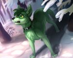  2020 4_toes black_nose canid canine canis collar coyote day detailed_background digital_media_(artwork) forest fur green_body green_fur green_hair hair mammal open_mouth outside paws skeleion snow teeth toes tongue tree yellow_sclera 