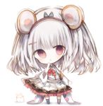  1girl animal animal_ears bangs black_bow black_legwear blush bow chinese_zodiac collared_shirt commentary_request cottontailtokki eyebrows_visible_through_hair full_body granblue_fantasy grey_hair hair_bow hair_ornament hairclip hand_up heart kneehighs long_sleeves looking_at_viewer mouse mouse_ears no_shoes parted_lips pleated_skirt red_bow red_eyes shadow shirt skirt solo standing striped striped_bow vikala_(granblue_fantasy) white_background white_shirt white_skirt wide_sleeves year_of_the_rat 