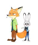  2016 annoyed anthro barefoot blush bottomwear canid canine clothed clothing dipstick_tail disney duo female fox frown fur gloves_(marking) happy hi_res inner_ear_fluff judy_hopps lagomorph leporid male mammal markings multicolored_tail necktie nick_wilde open_mouth open_smile pants police_uniform rabbit shirt simple_background size_difference smile swetpot tail_grab text topwear tuft uniform white_background zootopia 