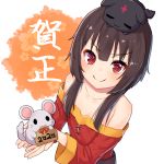  1girl 2020 animal bangs bare_shoulders black_hair blush cat collarbone commentary_request eyebrows_visible_through_hair flat_chest holding holding_animal kono_subarashii_sekai_ni_shukufuku_wo! long_sleeves looking_at_viewer megumin mouse pensuke red_eyes simple_background solo translation_request white_background 