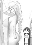  2girls ass braid breast_envy breasts covered_nipples deetamu greyscale hand_in_hair highres houraisan_kaguya large_breasts long_hair monochrome multiple_girls naked_towel see-through see-through_silhouette touhou towel very_long_hair yagokoro_eirin 