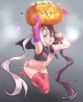  1girl black_hair breasts candy commentary_request eyepatch fingerless_gloves food gloves halloween highres jacket lavie long_hair looking_at_viewer multicolored_hair open_mouth panties pink_gloves pink_legwear pohwaran pumpkin red_panties single_glove small_breasts smile solo thighhighs twintails two-tone_hair underwear very_long_hair weapon white_hair 