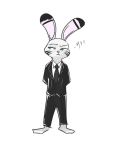 2016 ? barefoot black_stripes clothed clothing disney ear_markings facial_markings fully_clothed fur grey_body grey_fur hands_behind_back head_markings jack_savage lagomorph leporid mammal markings necktie rabbit simple_background standing stripes suit swetpot white_background zootopia 