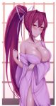  1girl bangs blush breast_hold breasts cleavage collarbone commentary_request cowboy_shot groin hair_intakes hair_ribbon high_ponytail highres japanese_clothes kimono large_breasts long_hair looking_at_viewer naked_kimono off-shoulder_kimono pink_kimono red_eyes red_hair ribbon shiny shiny_hair shiny_skin single_bare_shoulder smile soukitsu standing thighs twitter_username under_night_in-birth very_long_hair white_ribbon wide_sleeves window yukata yuzuriha_(under_night_in-birth) 