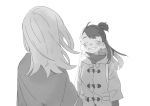  2girls ^_^ ahoge arms_at_sides backlighting bandaid bandaid_on_nose bangs blush closed_eyes coat duffel_coat dyx_(asdiandyx) eyebrows facing_another facing_away floating_hair from_behind gloves greyscale grin hair_tie half_updo happy kagari_atsuko little_witch_academia long_hair long_sleeves monochrome multiple_girls simple_background smile sucy_manbavaran swept_bangs turtleneck upper_body wind 