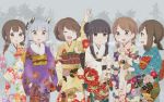  6+girls alternate_costume alternate_hairstyle aoshima_sakana ayanami_(kantai_collection) black_eyes black_hair blush braid brown_eyes brown_hair closed_eyes eyebrows_visible_through_hair floral_print flower fubuki_(kantai_collection) hair_between_eyes hair_ornament hair_ribbon hatsuyuki_(kantai_collection) headgear hime_cut isonami_(kantai_collection) japanese_clothes kantai_collection kimono long_hair long_sleeves looking_at_viewer low_ponytail miyuki_(kantai_collection) multiple_girls murakumo_(kantai_collection) open_mouth ponytail ribbon short_hair short_ponytail side_ponytail sidelocks silver_hair smile tress_ribbon twin_braids wide_sleeves yukata 