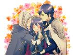  blue_hair blush cape chrom_(fire_emblem) closed_eyes family father_and_daughter fingerless_gloves fire_emblem fire_emblem_awakening gloves group_hug hand_on_another&#039;s_head happy highres hug lucina_(fire_emblem) mother_and_daughter nishimura_(nianiamu) robin_(fire_emblem) robin_(fire_emblem)_(female) shoulder_armor silver_hair smile tiara upper_body 
