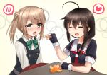  2girls ahoge bangs black_gloves black_hair black_serafuku blush bow bowtie braid closed_eyes double_bun dress eyebrows_visible_through_hair feeding fingerless_gloves food fruit gloves green_neckwear hair_bow hair_flaps hair_over_shoulder heart kantai_collection kotatsu light_brown_hair looking_away mandarin_orange michishio_(kantai_collection) multiple_girls neckerchief open_mouth pinafore_dress red_bow red_neckwear remodel_(kantai_collection) rokosu_(isibasi403) sailor_collar school_uniform serafuku shigure_(kantai_collection) short_hair short_twintails single_braid solo speech_bubble spoken_blush spoken_heart table twintails under_kotatsu under_table yellow_eyes 