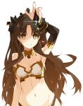  1girl armlet asymmetrical_sleeves bangs black_bow black_hair bow breasts bridal_gauntlets cleavage commentary_request crown detached_collar earrings elbow_gloves fate/grand_order fate_(series) gem gloves highres hoop_earrings ishtar_(fate)_(all) ishtar_(fate/grand_order) jewelry long_hair navel neck_ring parted_bangs shikei single_elbow_glove solo tiara two_side_up yellow_eyes 