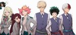  3boys 4girls alternate_costume amanda_o&#039;neill angry bakugou_katsuki blonde_hair boku_no_hero_academia breasts brown_hair cleavage crossed_arms crossover diana_cavendish freckles green_hair hair_between_eyes highres kagari_atsuko little_witch_academia long_hair medium_breasts medium_hair midoriya_izuku multicolored_hair multiple_boys multiple_girls my necktie omiza_somi one_eye_closed pink_hair red_hair school_uniform short_hair simple_background smile smirk todoroki_shouto tsundere two-tone_hair u.a._school_uniform uniform white_background white_hair 