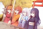  4girls :d akatsuki_(kantai_collection) bangs black_kimono blue_kimono blush brown_eyes brown_hair brown_kimono closed_eyes closed_mouth commentary_request eyebrows_visible_through_hair fang hair_between_eyes hair_ornament hairclip hamayuu_(litore) hands_together hatsumoude hibiki_(kantai_collection) highres ikazuchi_(kantai_collection) inazuma_(kantai_collection) japanese_clothes kantai_collection kimono long_hair long_sleeves multiple_girls obi open_mouth own_hands_together palms_together purple_eyes purple_hair red_kimono sash smile torii tree twitter_username v-shaped_eyebrows very_long_hair white_hair wide_sleeves 