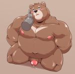  2020 anthro balls belly blush brown_body brown_fur fur hi_res humanoid_hands humanoid_penis jumperbear male mammal moobs navel nipples overweight overweight_male penis simple_background solo ursid 