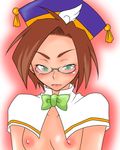  bow bow_tie bowtie brown_hair genderswap glasses hat klug lowres madou_monogatari nipples puyo_puyo_fever puyopuyo rule_63 topless 