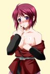  ahoge blush breasts cum gundam gundam_seed gundam_seed_destiny lunamaria_hawke medium_breasts military military_uniform open_clothes open_shirt pink_skirt pubic_hair purple_eyes shirt short_hair simple_background skirt solo uniform uzuratani_(uzu) yellow_background 