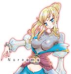  blonde_hair blue_eyes blue_mage blush breasts dress earrings final_fantasy final_fantasy_xi hume jewelry large_breasts long_hair nareema oxoxox perky_breasts ponytail see-through solo 