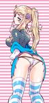  ass back blonde_hair blue_eyes blue_mage breasts earrings final_fantasy final_fantasy_xi finger_to_mouth flower from_behind hair_flower hair_ornament hume jewelry large_breasts long_hair looking_back lowleg lowleg_panties nareema oxoxox panties perky_breasts ponytail solo striped striped_legwear thighhighs underwear white_panties 