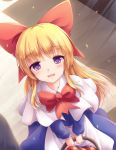  1girl :d apron basket blonde_hair blue_dress bow bowtie capelet commentary_request dress eyebrows_visible_through_hair eyes_visible_through_hair hair_bow highres holding holding_basket long_hair long_sleeves looking_at_viewer lzh open_mouth purple_eyes red_bow red_neckwear shanghai_doll smile solo touhou waist_apron white_capelet 