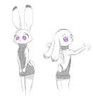  2017 anthro bare_back blush breasts clothing dipstick_ears disney ears_down female fur greyscale hi_res judy_hopps lagomorph leporid long_ears looking_back mammal monochrome multicolored_ears multiple_poses pivoted_ears portrait pose purple_eyes rabbit rear_view side_boob simple_background small_breasts solo sweater swetpot three-quarter_portrait topwear virgin_killer_sweater white_background zootopia 