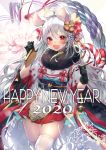  1girl 2020 ahoge animal_ears artist_logo bell black_gloves blush chinese_zodiac commentary cowboy_shot dated detached_sleeves english_text eyebrows_visible_through_hair flower fur_collar gloves hair_between_eyes hair_flower hair_ornament happy_new_year highres holding holding_paintbrush japanese_clothes kimono long_hair looking_at_viewer miniskirt mouse_ears mouse_girl mouse_tail new_year obi open_mouth original paintbrush red_eyes rope sash shimenawa shirako_sei short_sleeves signature skirt solo tail thighhighs very_long_hair white_hair white_legwear year_of_the_rat zettai_ryouiki 
