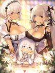  +_+ 3girls anchor_necklace apron azur_lane between_breasts blue_eyes breast_rest breasts breasts_on_head chin_rest choker cleavage collarbone detached_collar double_bun dress eyebrows_visible_through_hair feather_trim flower formidable_(azur_lane) hair_between_eyes hair_ribbon hand_on_own_cheek highres indoors large_breasts le_malin_(azur_lane) long_hair looking_at_viewer maid maid_apron maid_headdress mephist-pheles multiple_girls red_eyes ribbon sandwiched short_hair silver_hair sirius_(azur_lane) smirk table twintails 