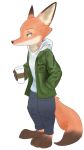  2019 anthro barefoot bottomwear canid canine clothing dipstick_ears dipstick_tail disney fox fur green_eyes hand_in_pocket holding_cup holding_object inner_ear_fluff jacket mammal multicolored_ears multicolored_tail nick_wilde orange_body orange_fur pants pockets red_fox simple_background solo standing swetpot topwear tuft white_background zootopia 