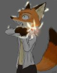  2016 4_fingers anthro brown_body brown_fur brown_nose canid canine clenched_teeth clothed clothing collar dipstick_ears dipstick_tail disney dress_shirt electricity fingers fox fur green_eyes grey_background hi_res male mammal multicolored_ears multicolored_tail nick_wilde open_clothing orange_body orange_fur partially_clothed raised_tail shirt shock_collar side_view simple_background standing swetpot teeth topwear wide_eyed zootopia 