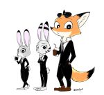  2016 alternate_version_at_source anthro black_stripes canid canine clothing crossed_arms dipstick_ears disney ear_markings facial_markings fox fur grey_body grey_fur group hand_in_pocket head_markings head_tuft holding_cup holding_object inner_ear_fluff jack_savage judy_hopps lagomorph leporid looking_at_viewer mammal markings multicolored_ears necktie nick_wilde orange_body orange_fur pockets rabbit red_fox simple_background standing straw stripes suit swetpot tuft white_background zootopia 