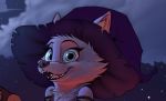  anthro arctic_fox blue_eyes canid canine cheek_tuft clothing disney facial_tuft fangs fox fur hat headgear headwear inner_ear_fluff juantriforce042 mammal neck_tuft open_mouth open_smile outside sky skye_(zootopia) smile solo teeth tuft white_body white_fur witch_hat zootopia 