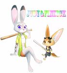  2017 anthro barefoot baseball_bat bat_(object) canid canine clothed clothing dipstick_ears disney duo eyewear fennec finnick fox fully_clothed fur grey_body grey_fur holding_object holding_weapon inner_ear_fluff judy_hopps lagomorph leporid mammal multicolored_ears open_mouth open_smile rabbit simple_background sitting smile sunglasses swetpot tan_body tan_fur tuft weapon white_background zootopia 