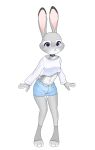  2019 anthro bottomwear choker clothed clothing crop_top dipstick_ears disney female fur grey_body grey_fur hotpants jewelry judy_hopps lagomorph leporid looking_at_viewer mammal midriff multicolored_ears navel necklace purple_eyes rabbit shirt shorts simple_background solo swetpot topwear white_background zootopia 