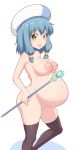  1girl akai_(riaakai) areolae black_legwear blue_eyes blue_hair blush breasts endro! eyebrows_visible_through_hair groin hat highres large_areolae large_breasts looking_at_viewer looking_to_the_side meiza_endust navel nipples nude open_mouth pregnant sagging_breasts shadow shiny shiny_hair shiny_skin short_hair simple_background solo staff standing thighhighs white_background 