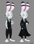  2016 barefoot blue_eyes clock clothing coat disney ear_markings facial_markings fur grey_background grey_body grey_fur hand_in_pocket head_markings head_tuft jack_savage lagomorph leporid mammal markings multiple_poses necktie pink_nose pockets pose rabbit simple_background standing suit swetpot topwear trenchcoat tuft watch zootopia 